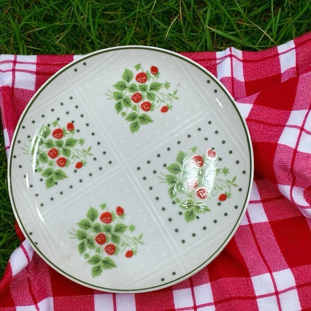 Vintage Strawberry Kitchenware Set -‎ Ceramic Canister, Pitcher,  Plates&  Board